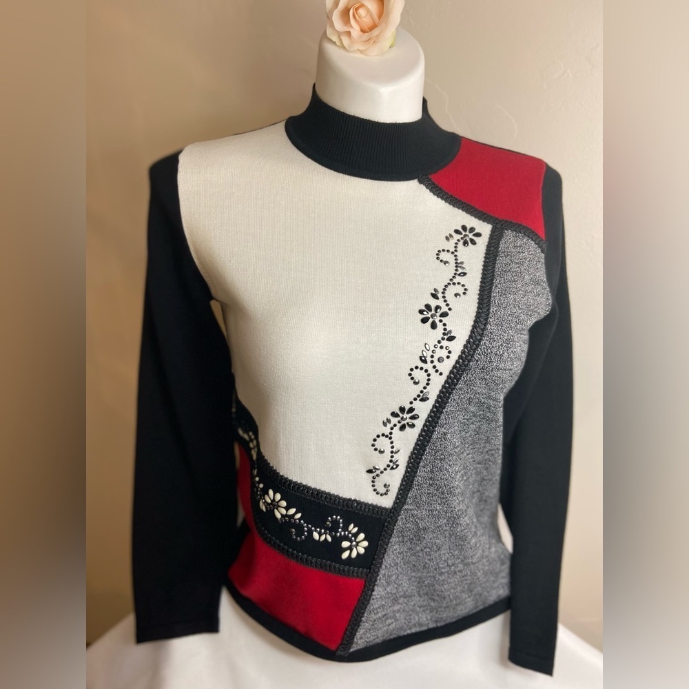 Alfred Dunner~Asymmetric Color Block Beaded Knit Sweater~Mock Neck~Size PL